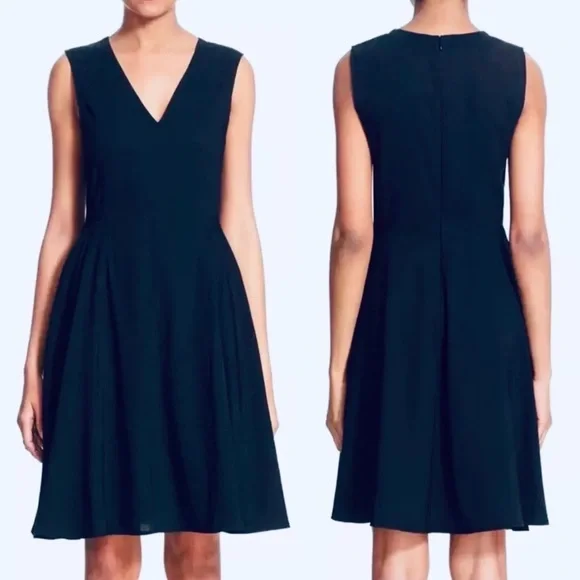 THEORY LINEN KALSINGTON FIT & FLARE DRESS 4 NAVY BLUE MIDI SLEEVELESS POCKETS - Picture 3 of 16